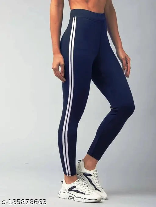blue double pati 2500 printed net Lycra ankle-length workout leggings for girls & women, stretchable striped jeggings for yoga and gym sessions