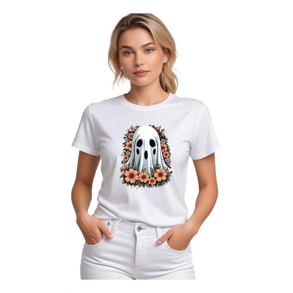 Women's white polyester round neck half sleeve tshirt with a printed design