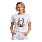 Women's white polyester round neck half sleeve tshirt with a printed design