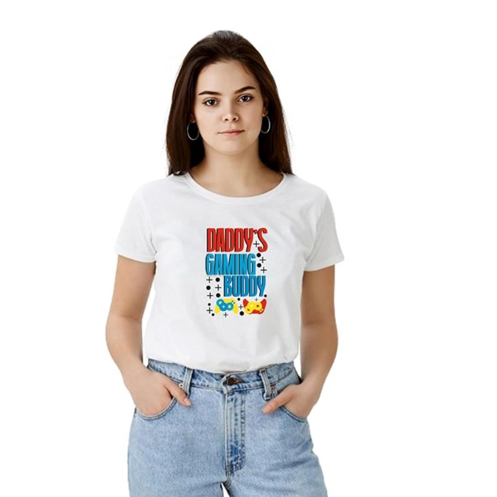 The image shows a white half sleeve t-shirt with a printed graphic on a polyester background