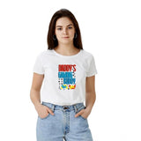 The image shows a white half sleeve t-shirt with a printed graphic on a polyester background