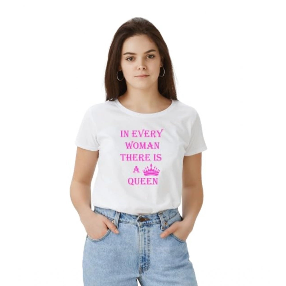 A white half sleeve round neck T-shirt with bold pink and black text reading "Every Woman There Is a Queen" for women's fashion