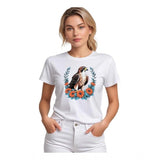 White round neck half sleeve t-shirt with a printed design featuring an eagle and flowers