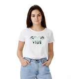 White round neck half sleeve t-shirt with good vibe printed in green