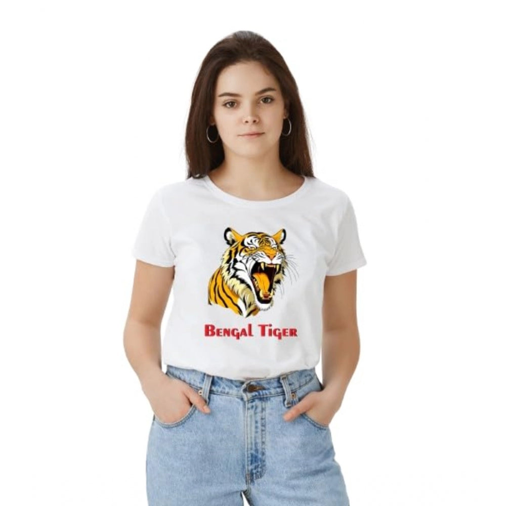White round neck half sleeve womens' t-shirt with Bengal tiger graphic design