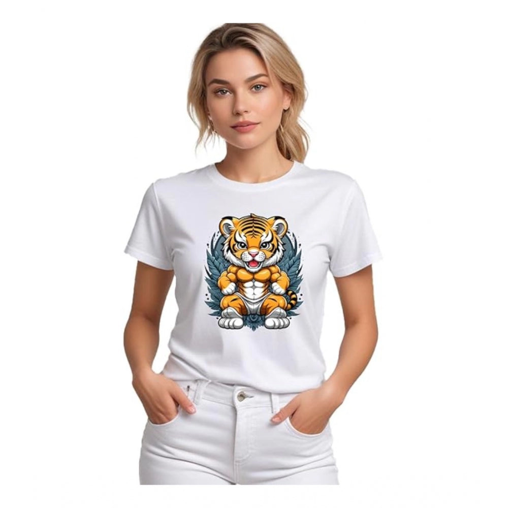 Womens white half sleeve polyester round neck tshirt featuring a graphic print
