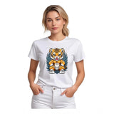 Womens white half sleeve polyester round neck tshirt featuring a graphic print