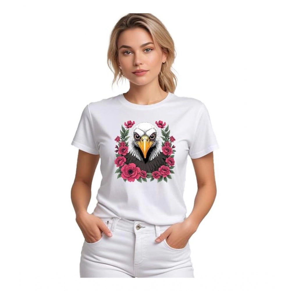 Womens white polyester short sleeve half sleeve round neck tshirt with bird embroidery
