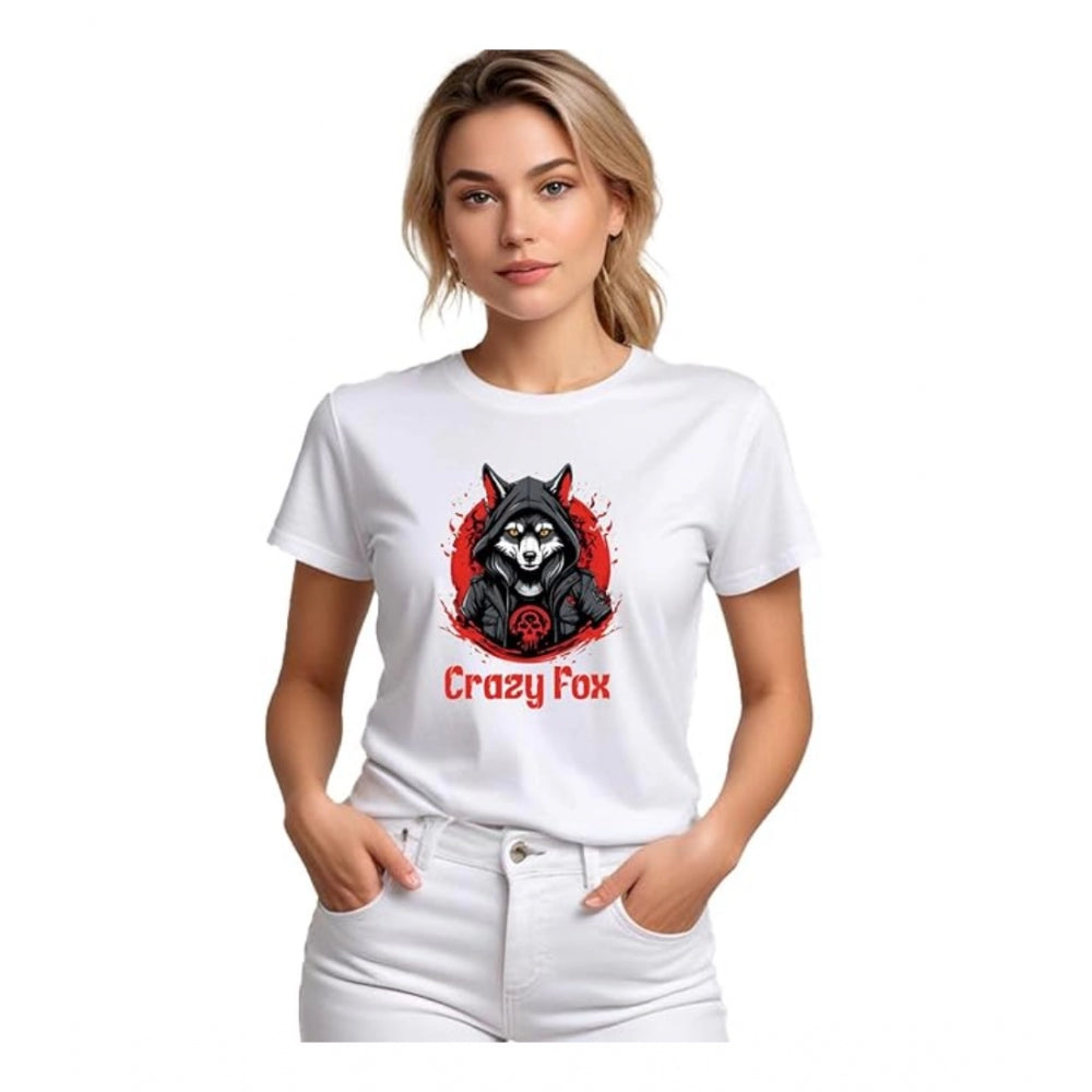 Woman wearing white t-shirt with graphic and text