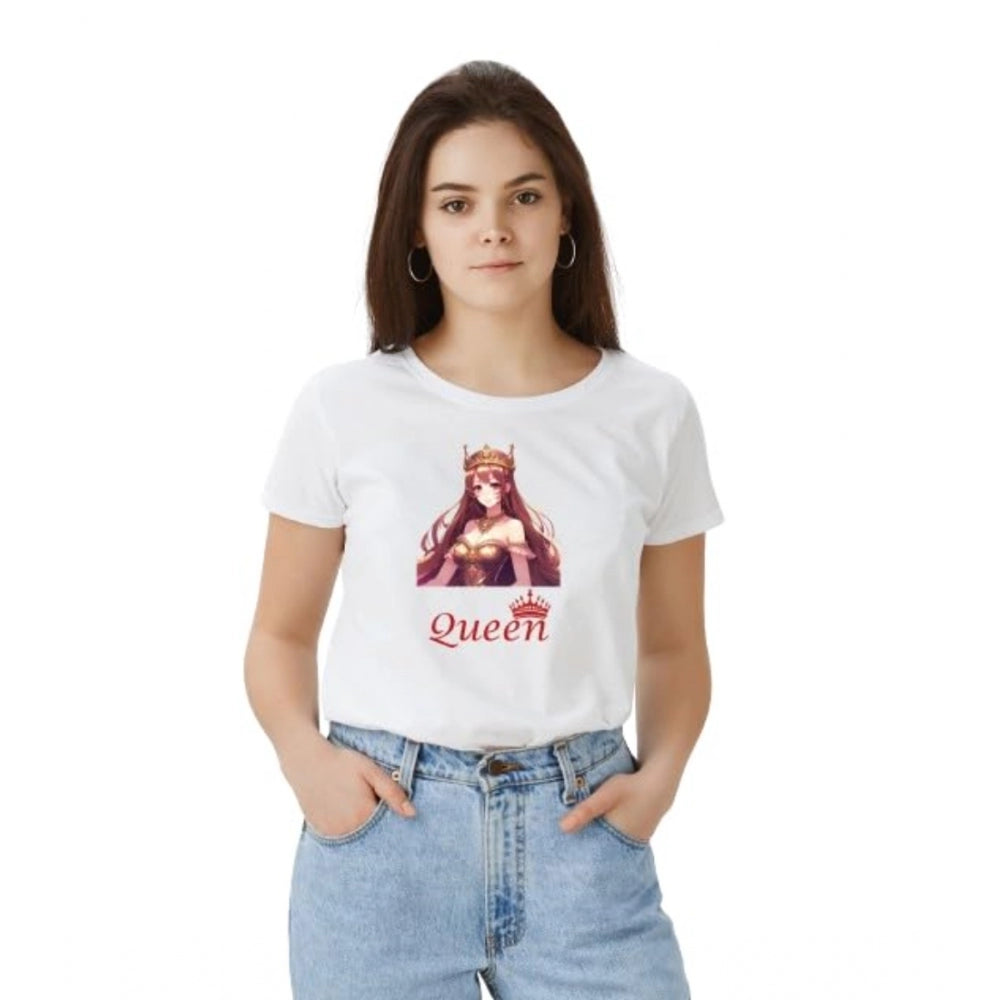 White solid print t-shirt with "queen" graphic and crown, half sleeve for women