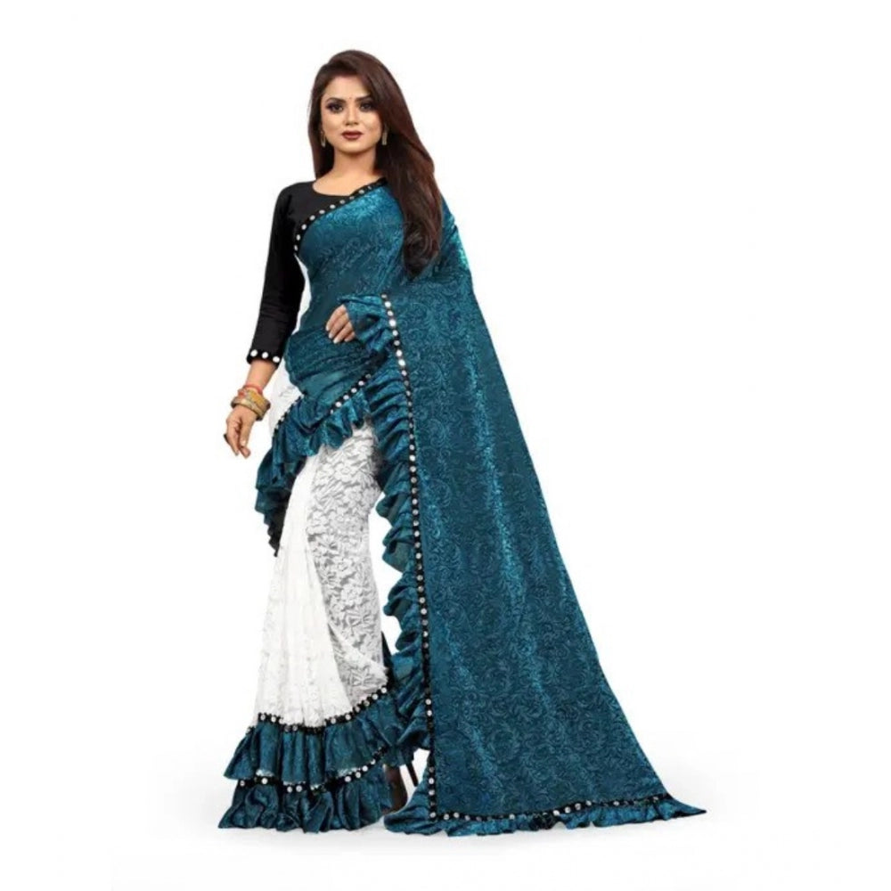 Rama silk saree with mirror lace pattern, unstitched blouse (5-5 mtrs), Indian women's traditional attire