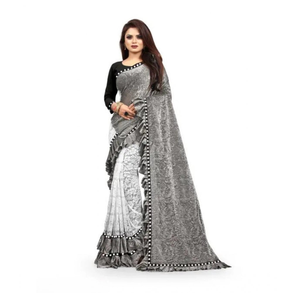 Grey silk saree with mirror lace solid pattern, unstitched blouse (5-5 meters) for women's traditional wear