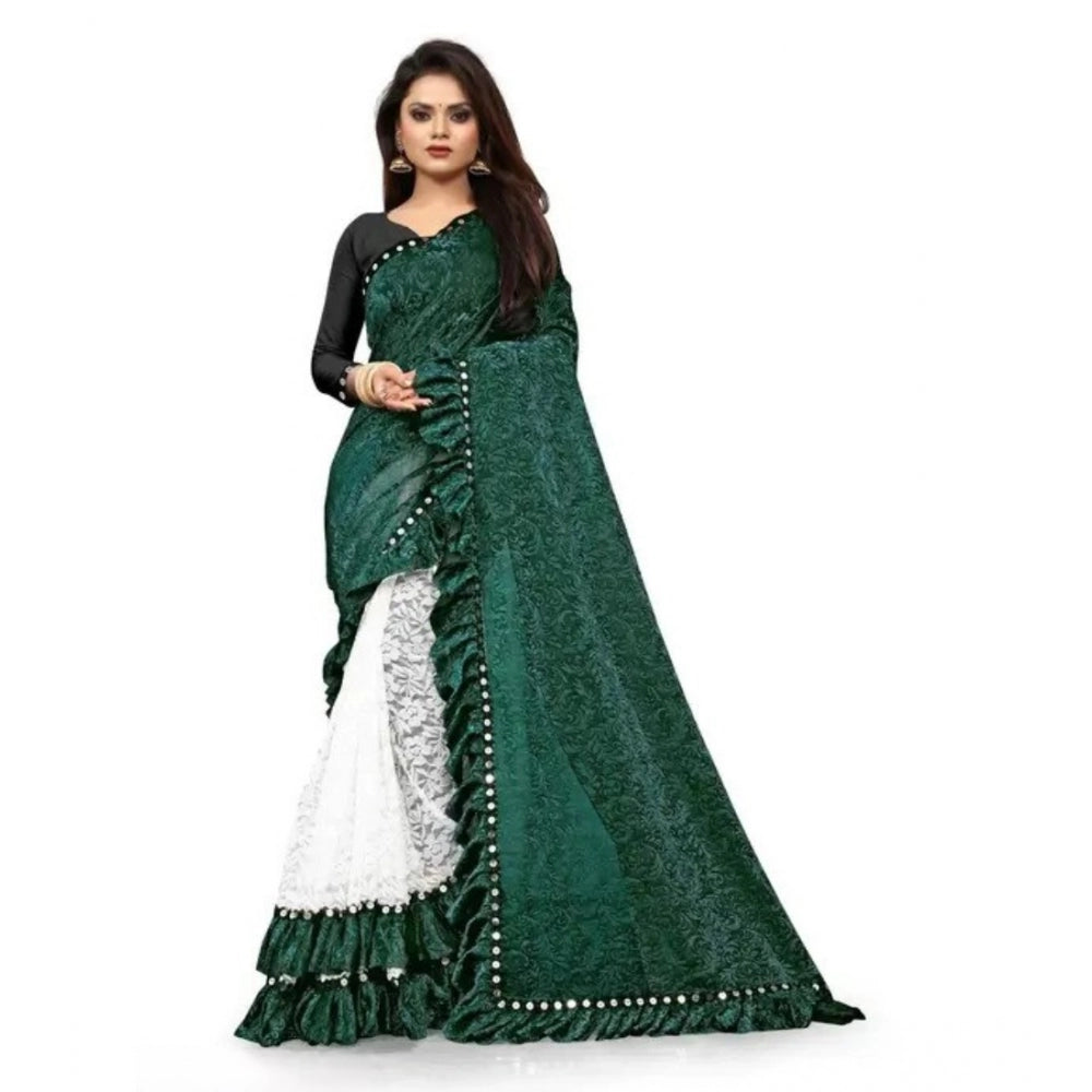 Green silk saree with mirror lace pattern, half-half ruffle style, unstitched blouse (5-5 meters)
