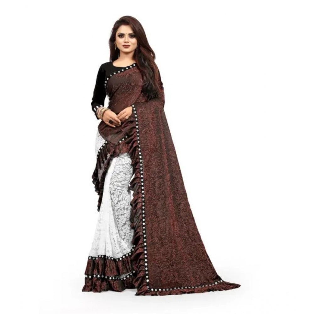 Brown silk saree with mirror lace pattern and unstitched blouse (5-5 mtrs)