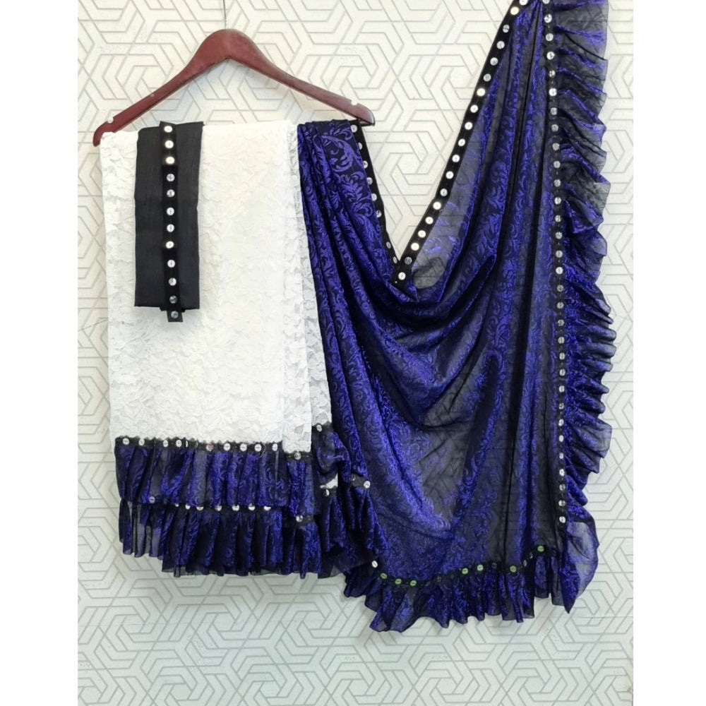 Blue silk saree with mirror lace pattern, unstitched blouse (5-5 mtrs)