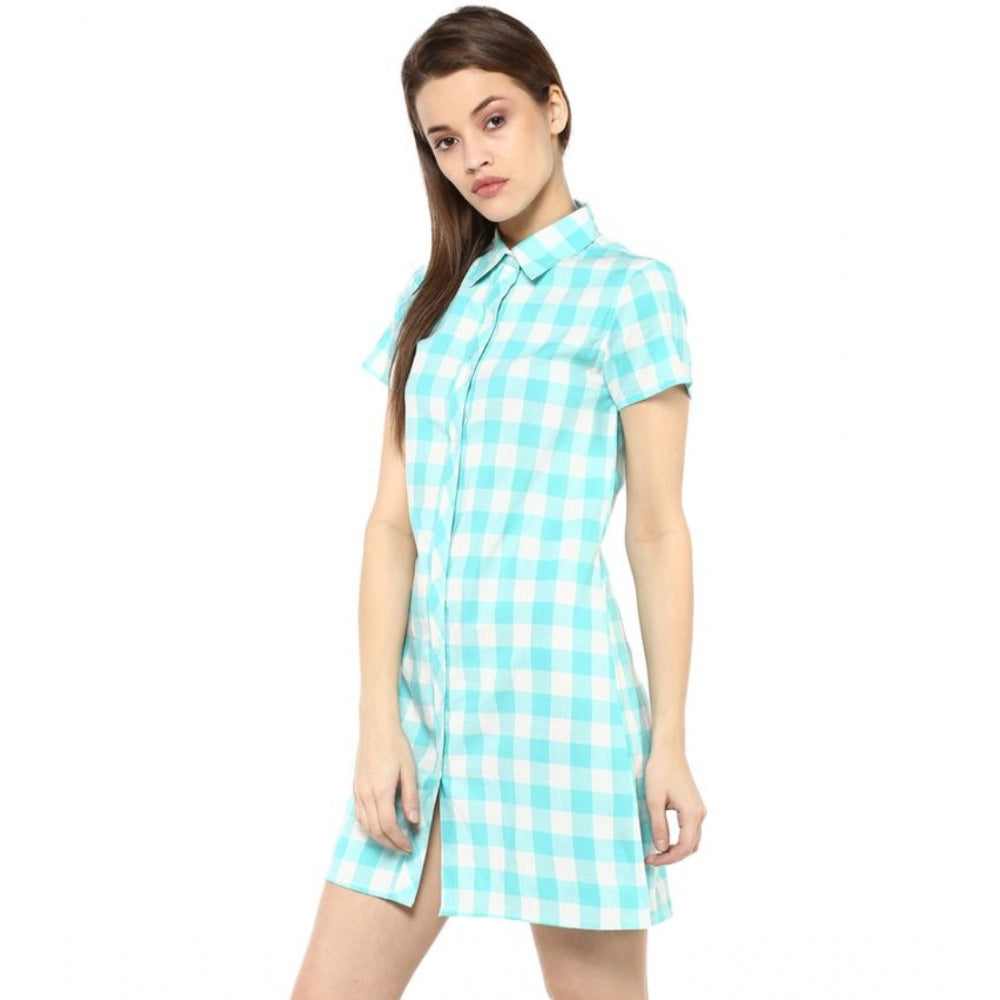 Rayon checkered short sleeved dress on woman in white, knee-length
