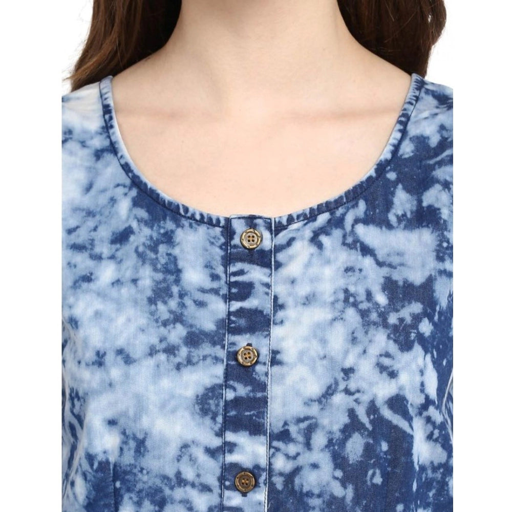 Blue denim tie dye above knee dress women's short sleeve