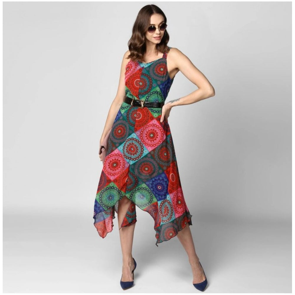 Multi-colored polyester asymmetrical shoulder strap knee-length dress