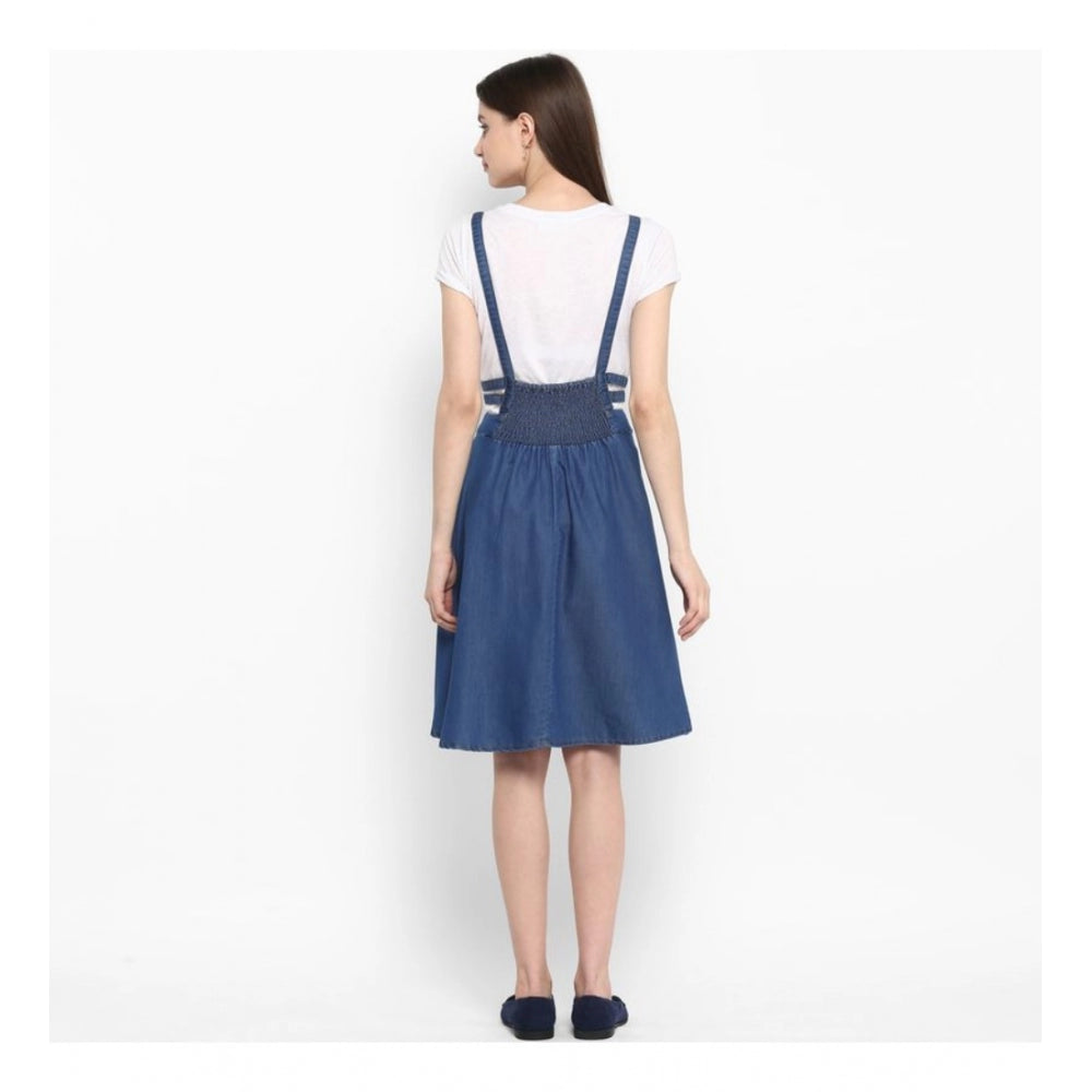Women's blue denim dress with shoulder straps, below knee length