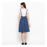Women's blue denim dress with shoulder straps, below knee length