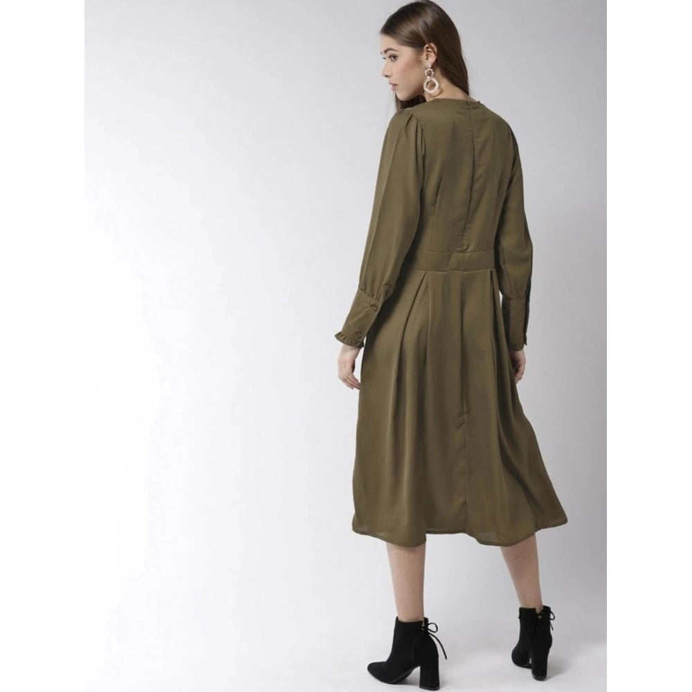 Womens olive green polyester long sleeve dress with belted waist and below knee length