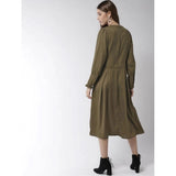 Womens olive green polyester long sleeve dress with belted waist and below knee length