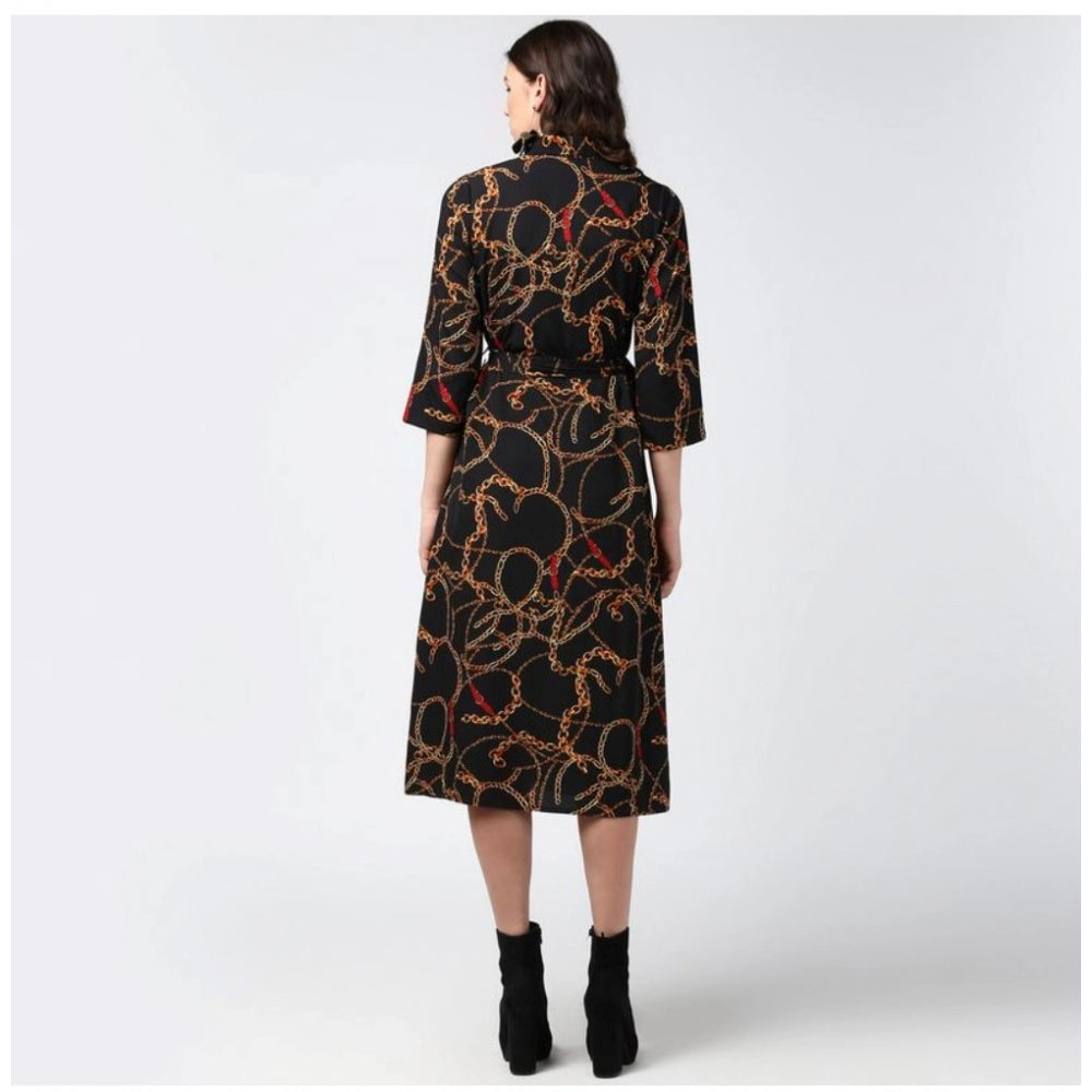 Women's black polyester chain print roll-up sleeve dress, below knee length