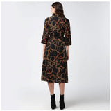Women's black polyester chain print roll-up sleeve dress, below knee length