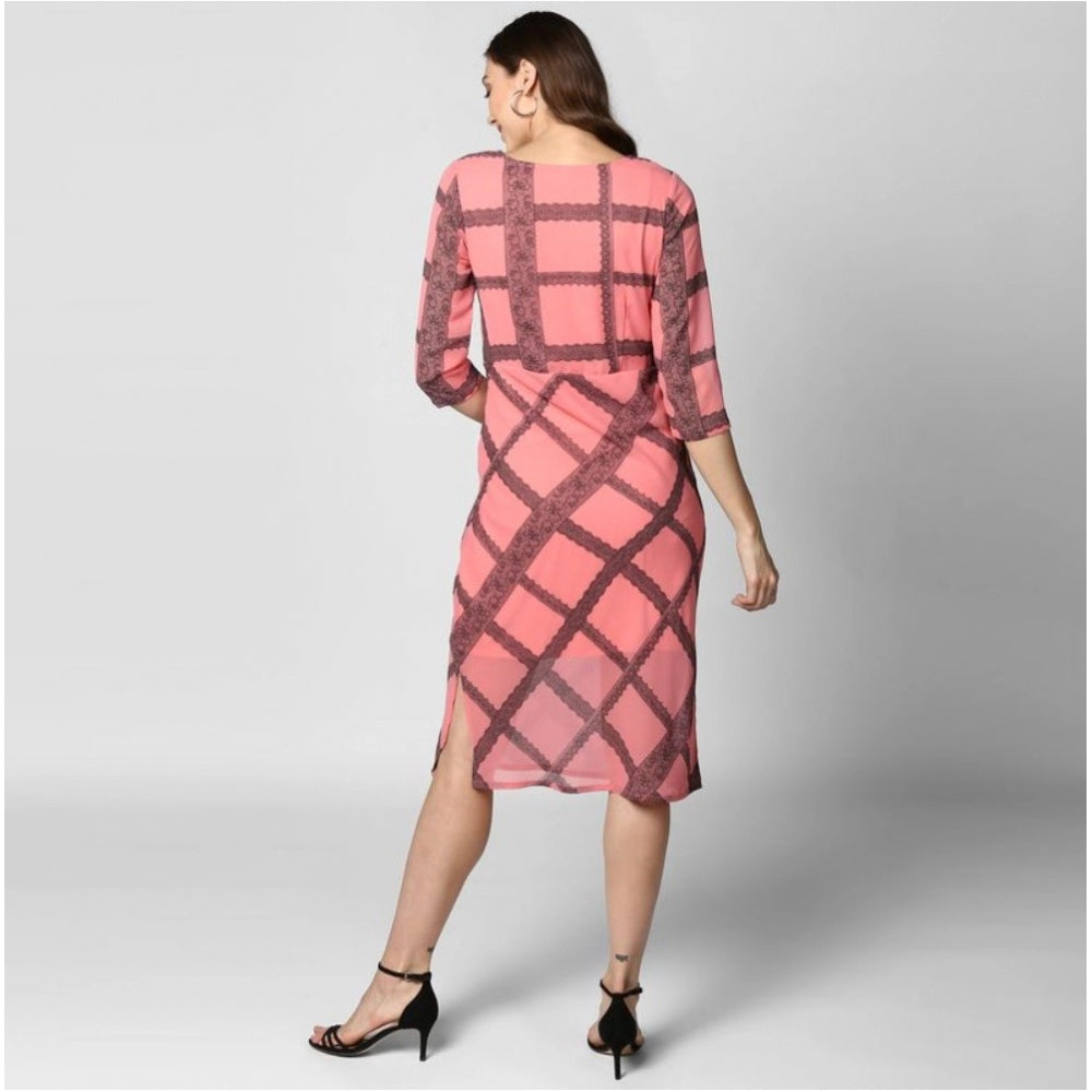 Womens dress, black polyester, checkered pattern, long sleeves, below-knee length