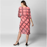 Womens dress, black polyester, checkered pattern, long sleeves, below-knee length