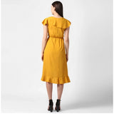 Womens yellow polyester ruffled cap sleeve dress