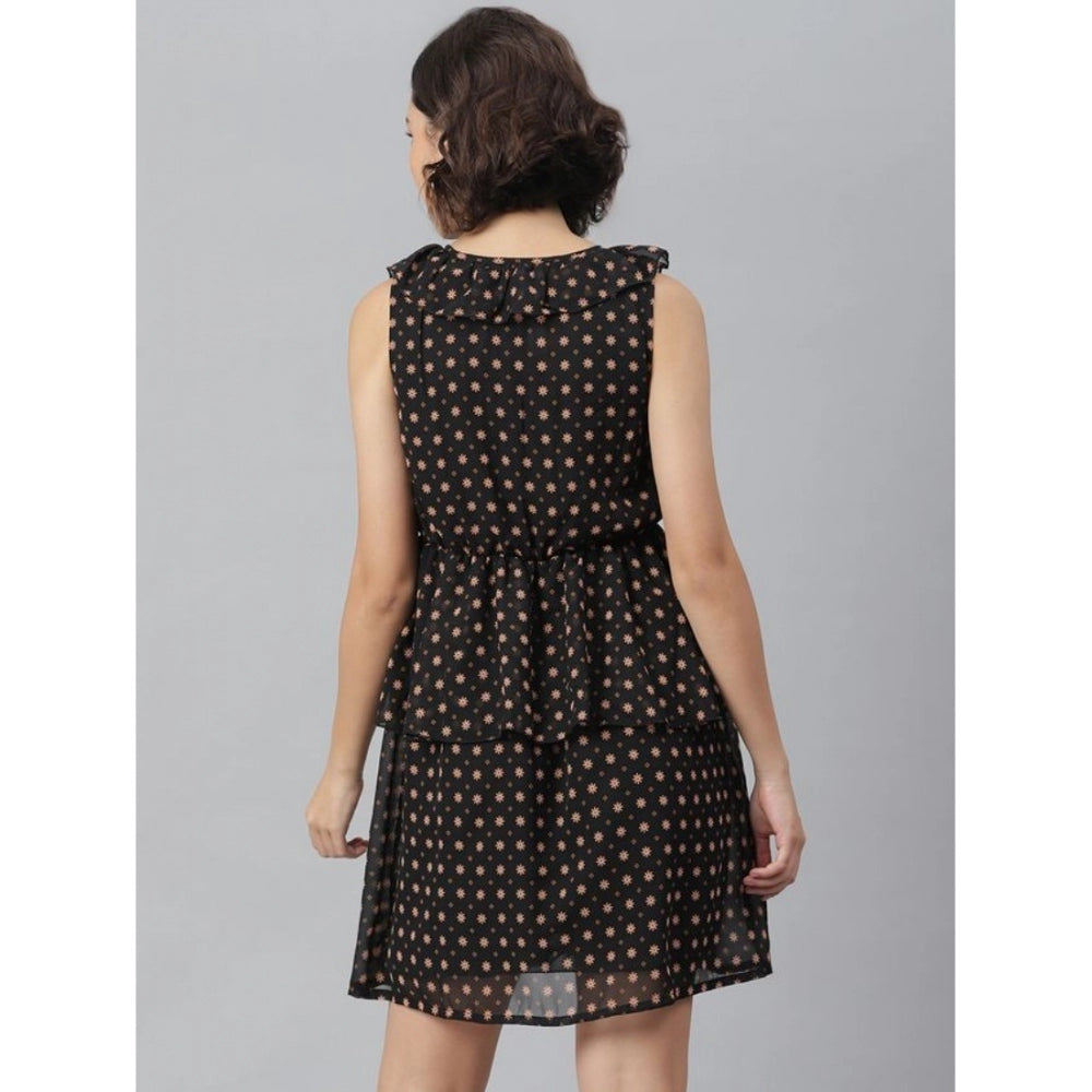 Black sleeveless dress with peplum waist detail, polyester material, above-knee length