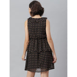Black sleeveless dress with peplum waist detail, polyester material, above-knee length