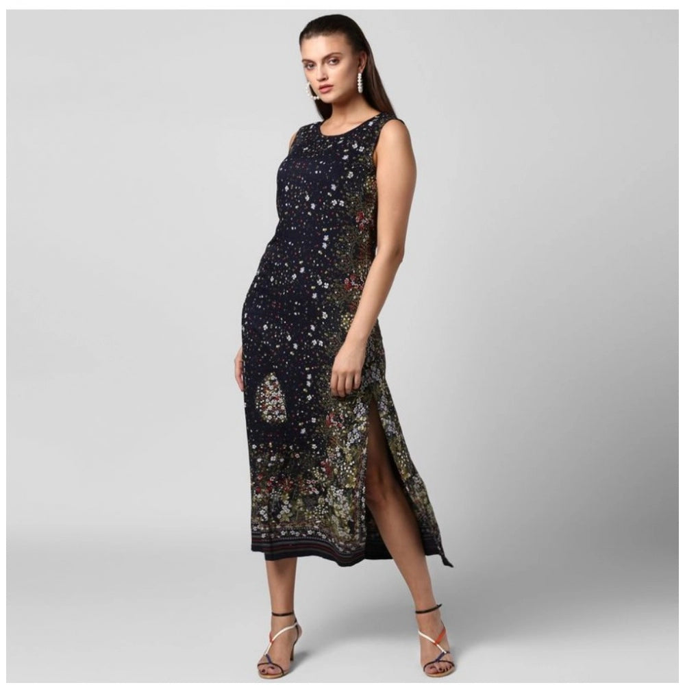 Women's rayon sleeveless dress, black, floral print