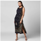 Women's rayon sleeveless dress, black, floral print