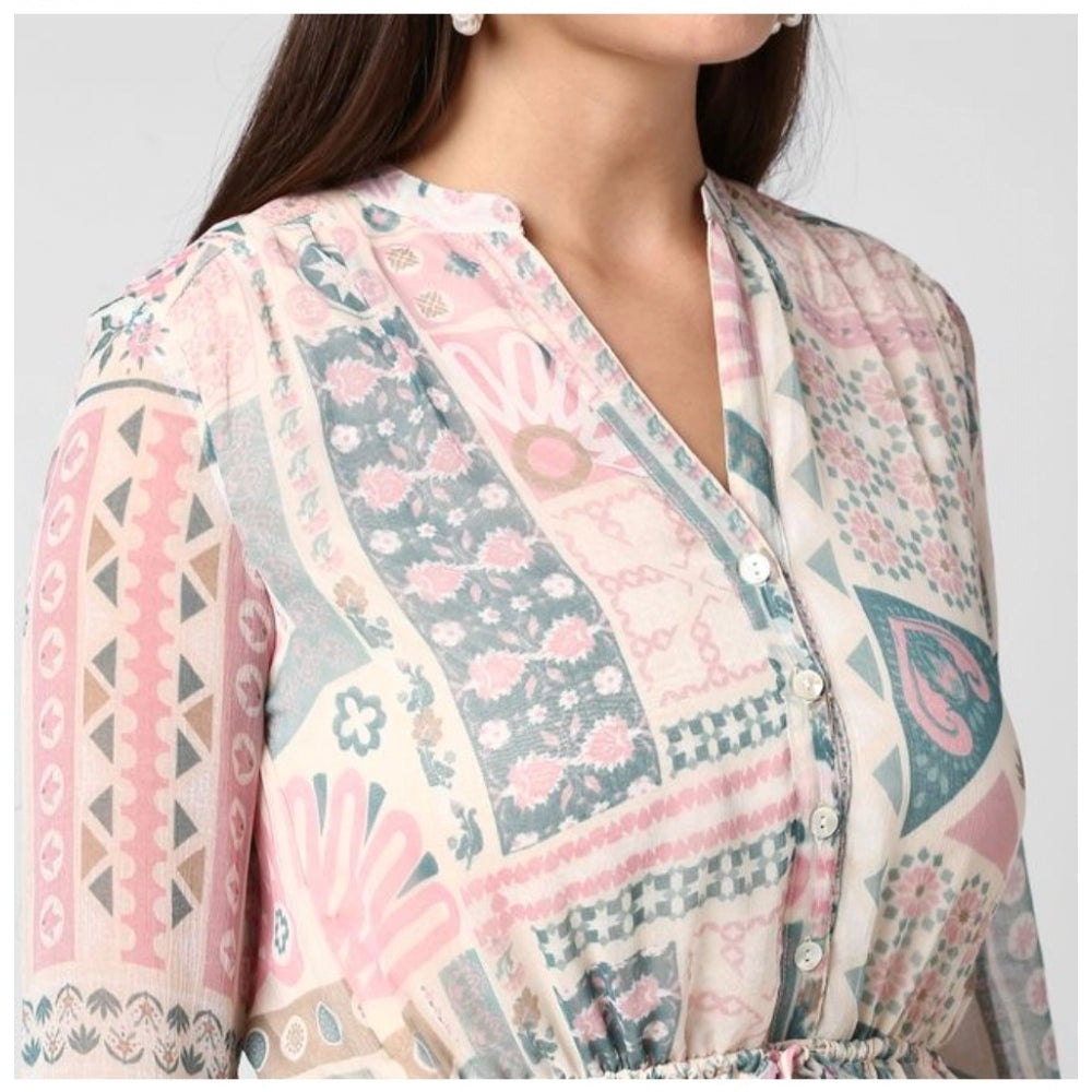 Womens long sleeves dress in light pink and off white polyester fabric, with a patterned print above knee length