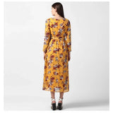 Long sleeve polyester dress with a floral pattern in yellow, women's, calflength