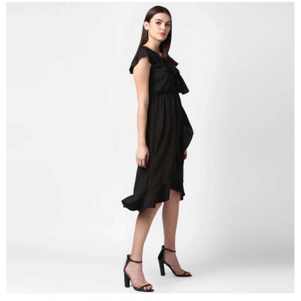 Black polyester cap sleeve dress with ruffle detail