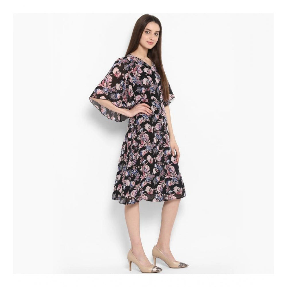 Women's polyester floral short sleeve knee-length dress in black with multicolor floral print