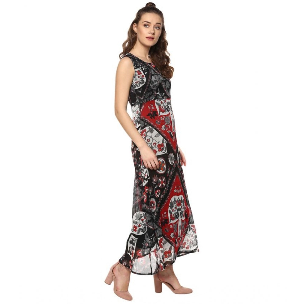 Women's sleeveless printed dress with a red and black print