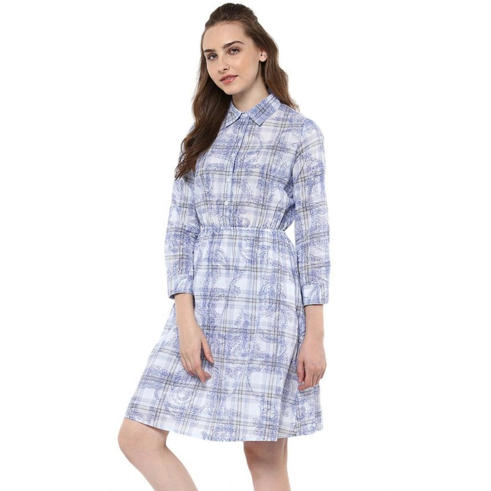 Womens blue checkered cotton dress with roll up sleeves and above knee length