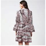 Women's polyester animal print bell sleeve dress, above knee length, pink and black