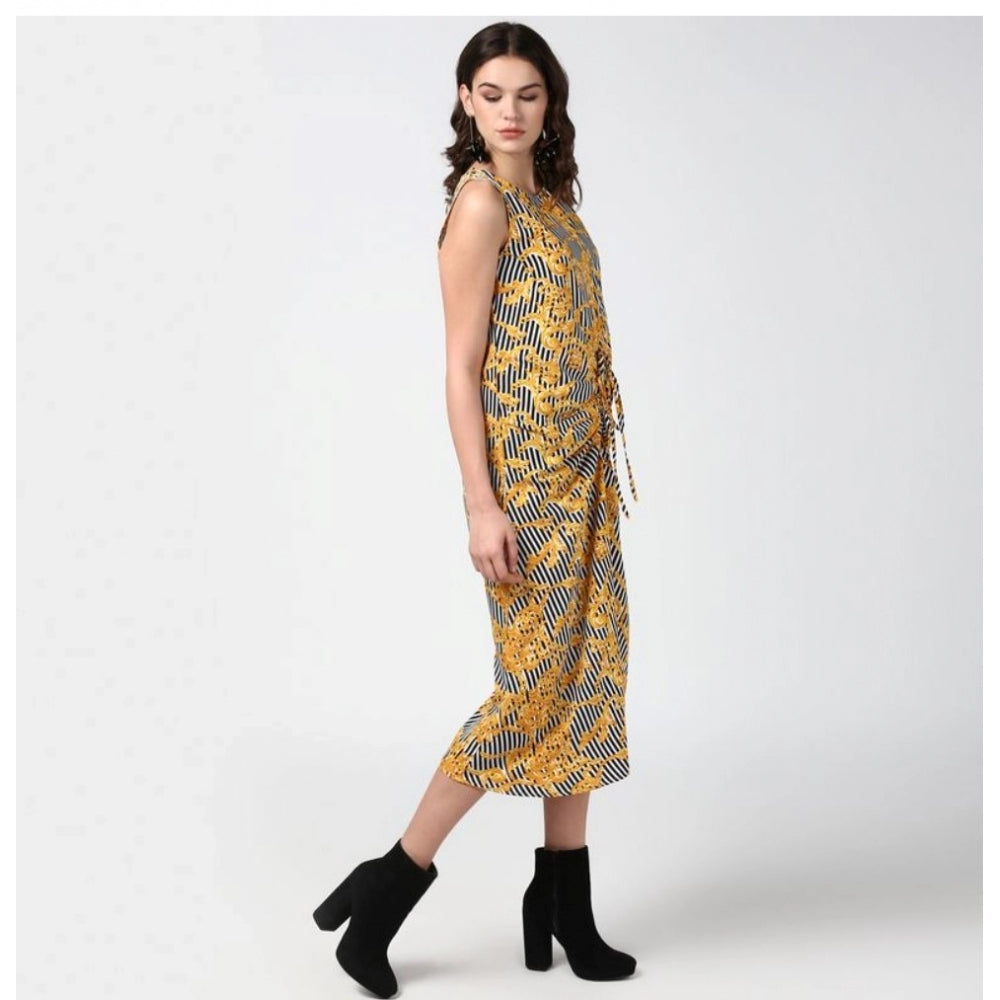 Women's polyester chain print sleeveless below knee dress in yellow and black