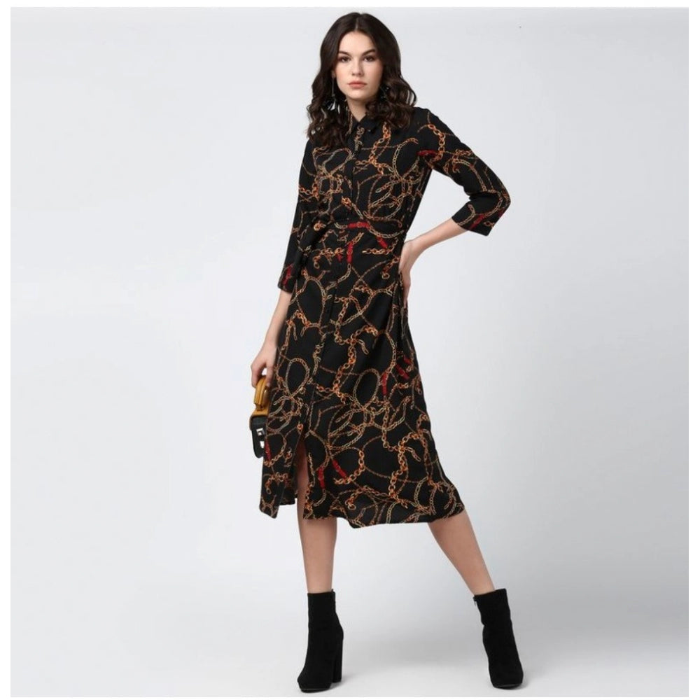 Womens long sleeved polyester dress with chain print below knee length in black, yellow