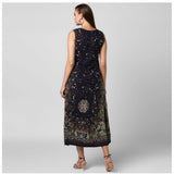Black rayon sleeveless calflength floral dress women's