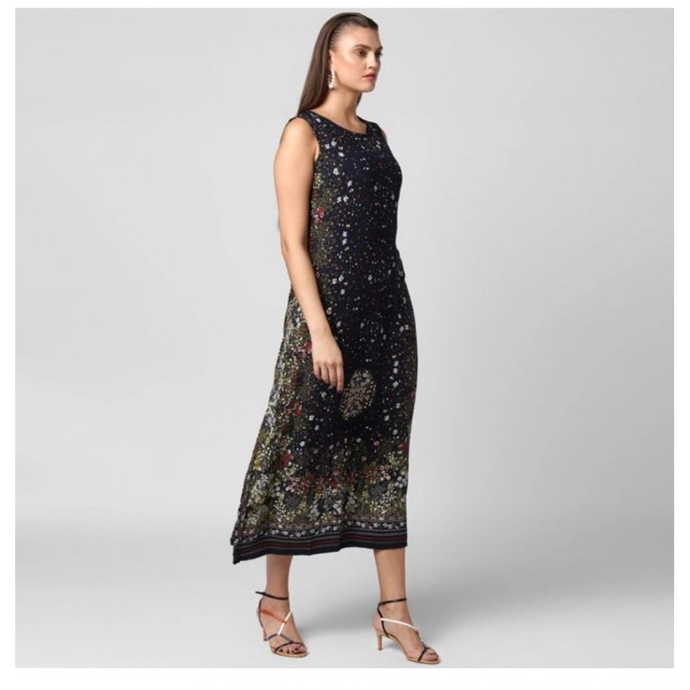 Womens sleeveless calflength rayon dress in black with floral print