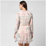Light pink polyester long sleeve dress with intricate pattern, above-knee length