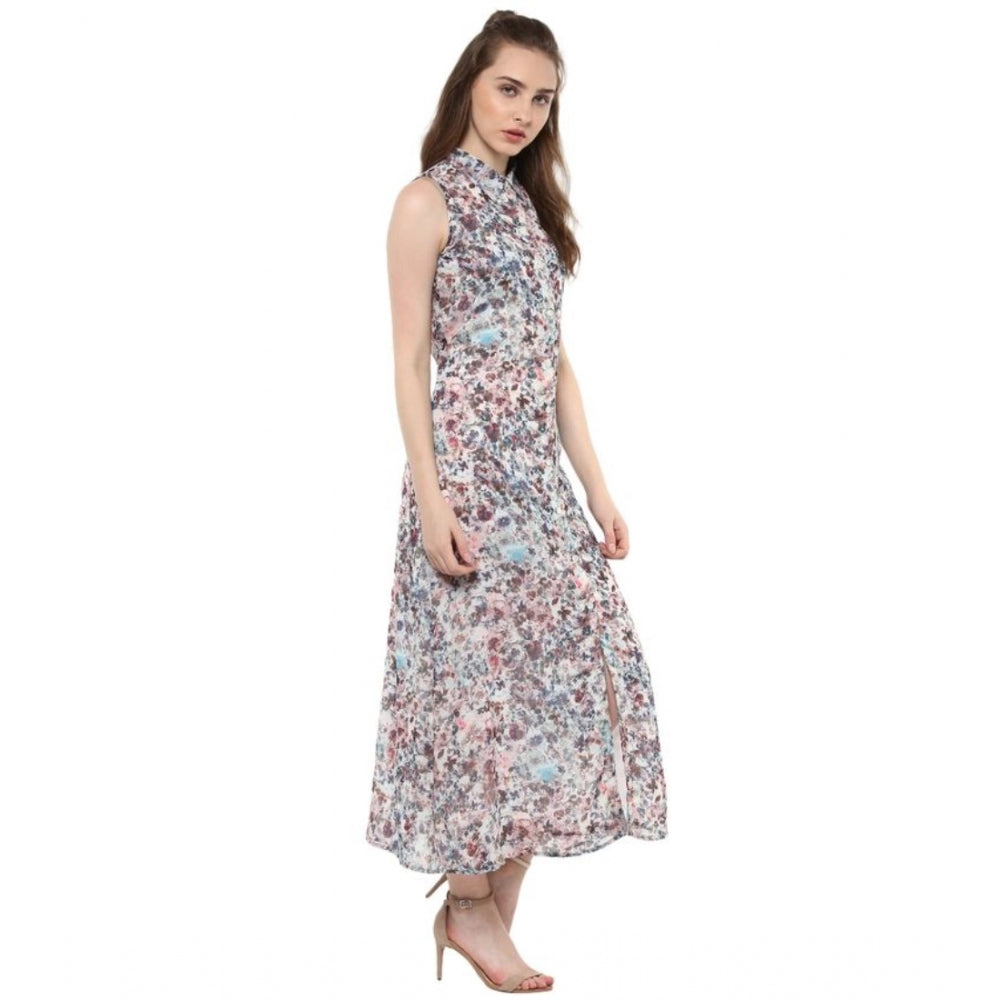 Womens long sleevless polyester chiffon dress with floral pattern