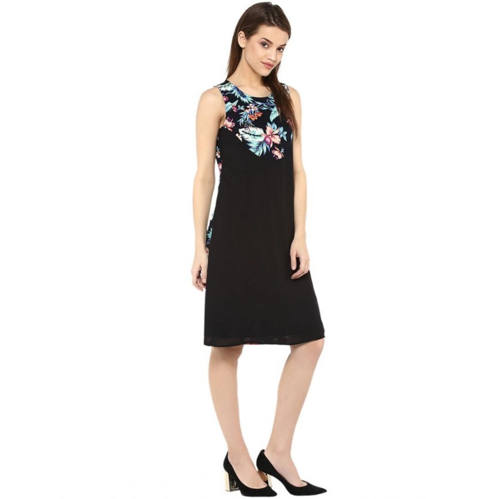 Women's polyester sleeveless above knee dress, black with multicolor print