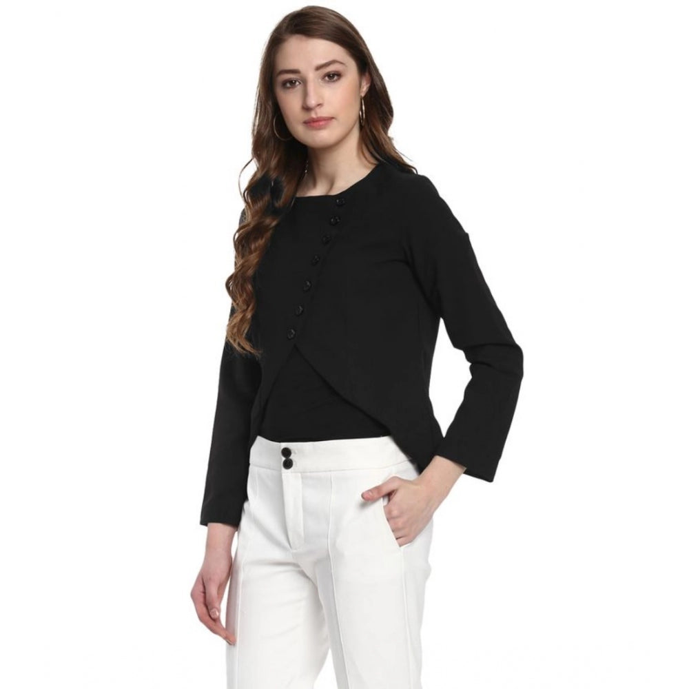 Black polyester diagonal cut long sleeves blazer for women's formal wear, round neck design